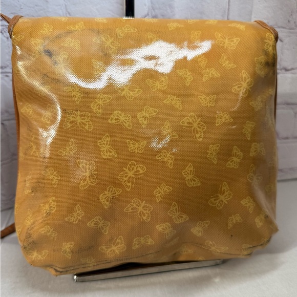 Collectors 70’s BOTTEGA VENETA Vinyl Crossbody Bag Gold Yellow Tan Leather 9x9x3 - Picture 7 of 14